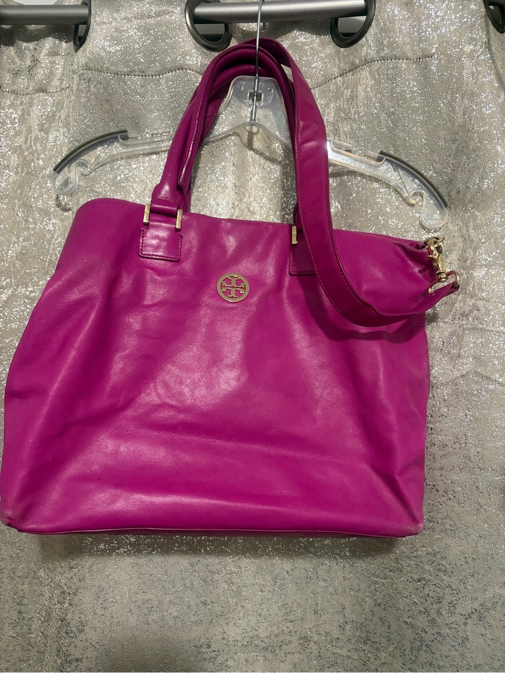 Tory Burch Magenta Leather Tote with Gold Logo